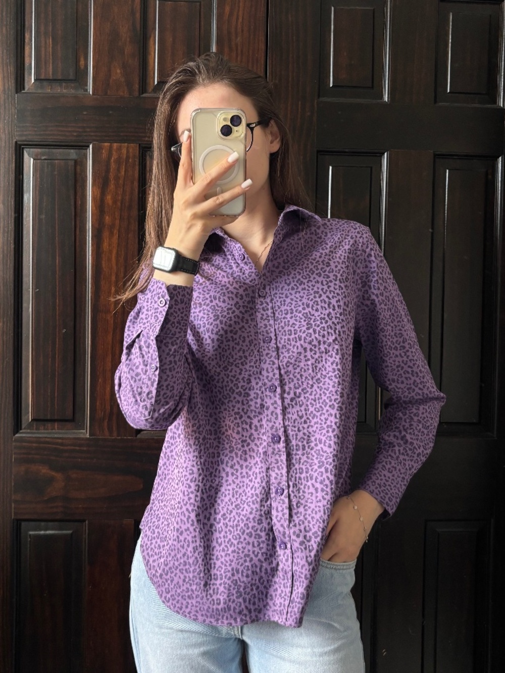 Chico’s Women’s Size 0.5 US 6 Purple Leopard Print Button Down Shirt Stretch